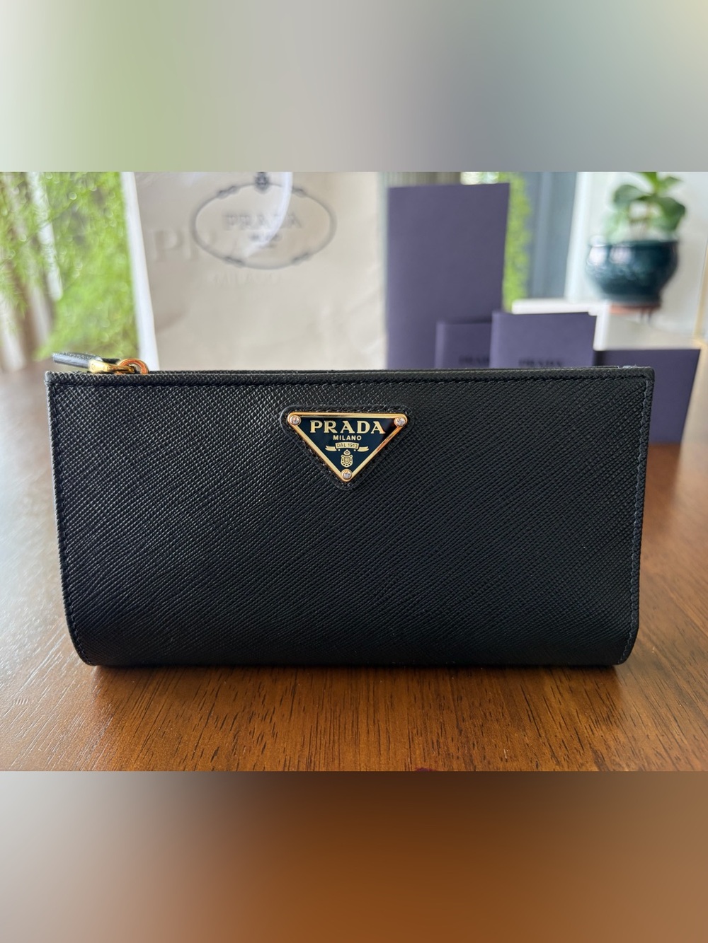 Prada Black Saffiano Leather Wallet, Gold Triangle Logo, RFID Authenticity Card